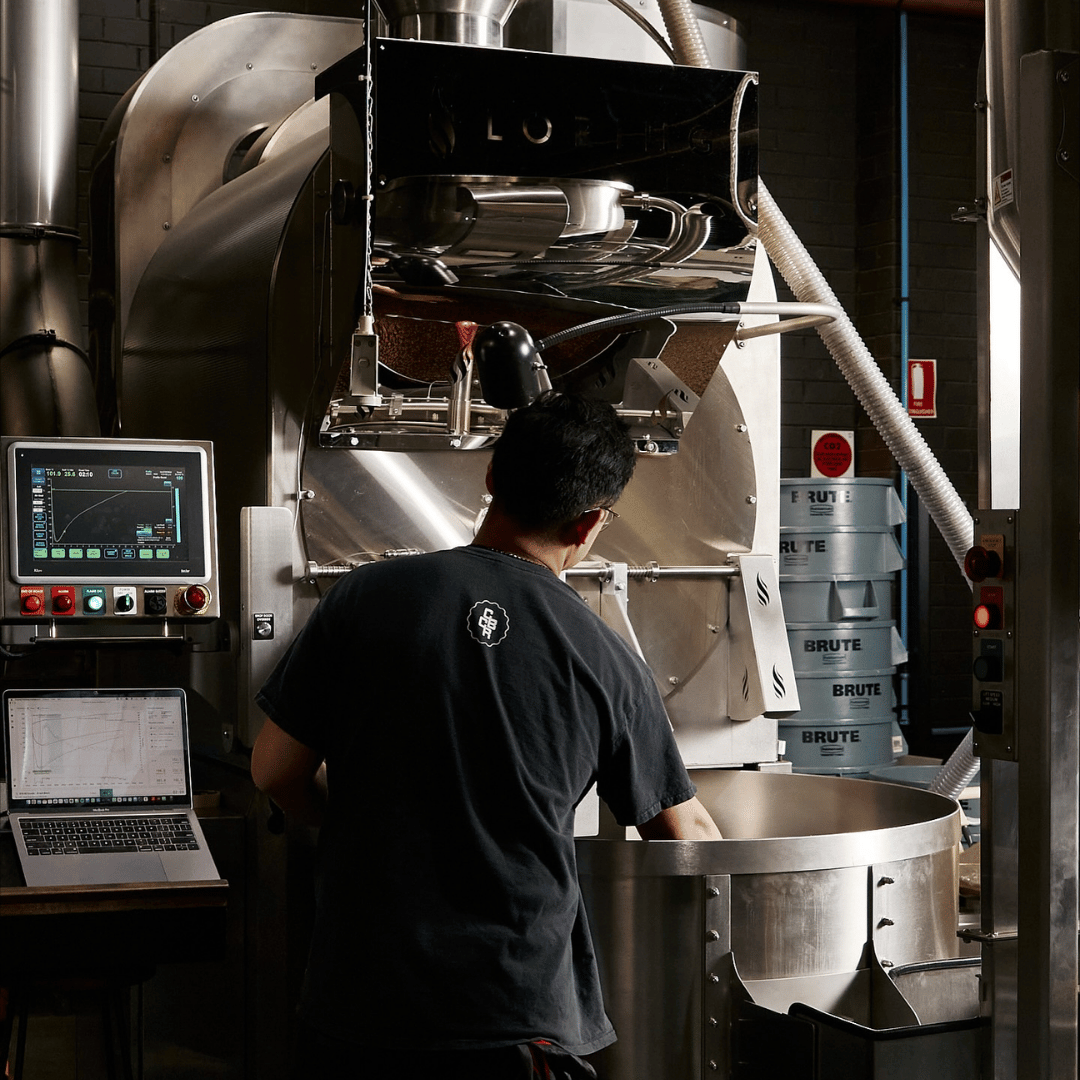 Person operating a coffee roasting machine with a laptop in a industrial setting