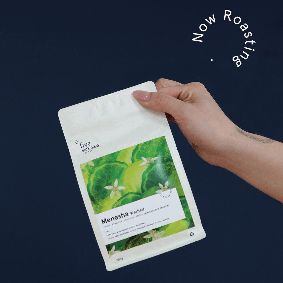 Hand holding a coffee package with a dark blue background